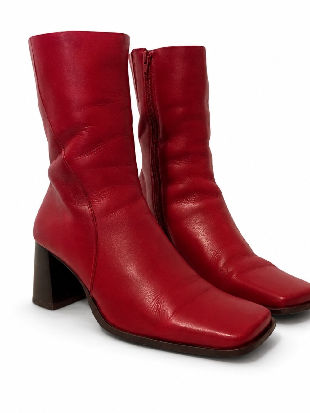 Red Leather Mid-Calf Block Heel Boots - Women
